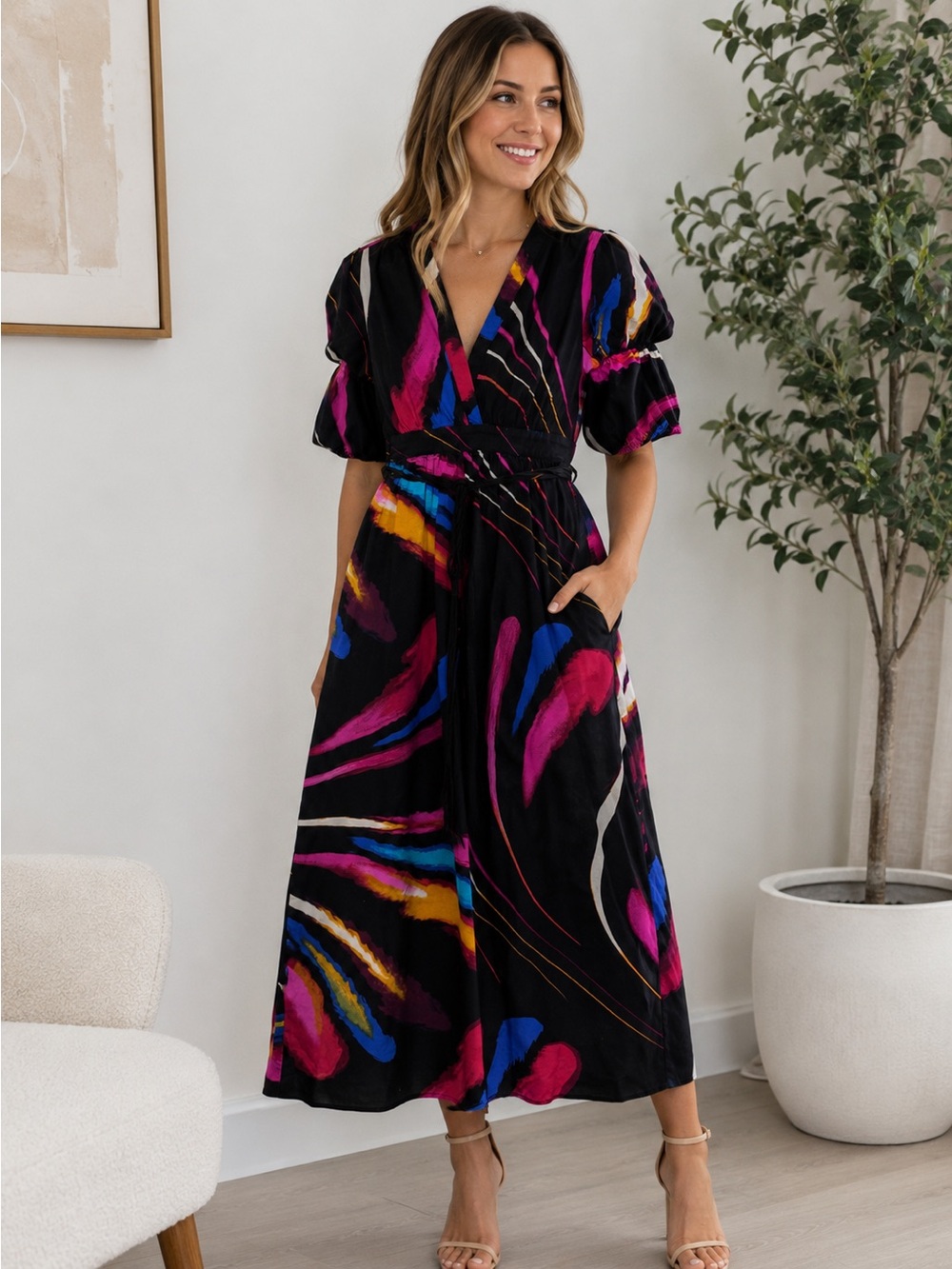 Gabrielle Union Black V-Neck Maxi Dress with Colorful Brushstroke Print